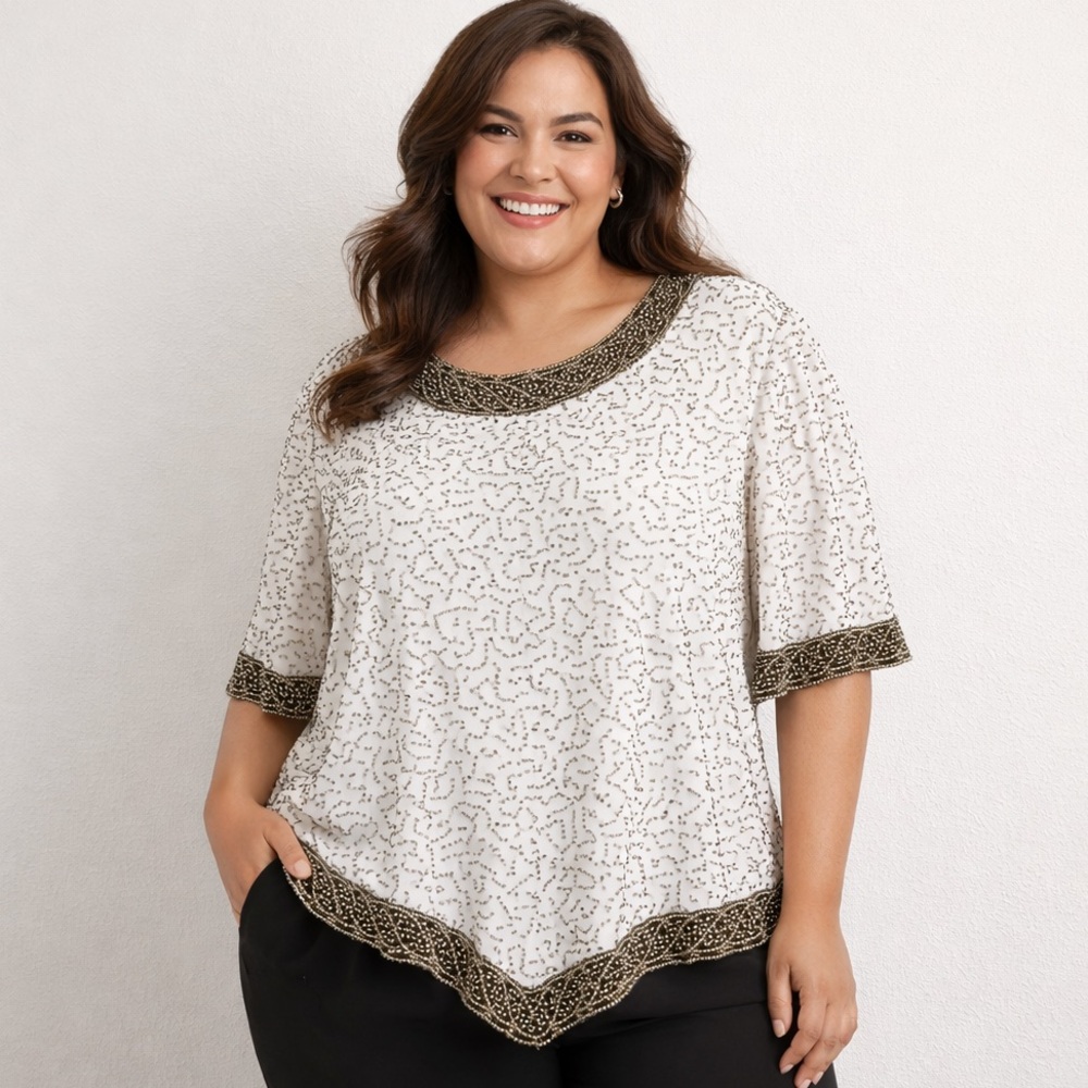 Laurence Kazar New York Silk Beaded Blouse Ivory Gunmetal Hand-Beaded Size 2X